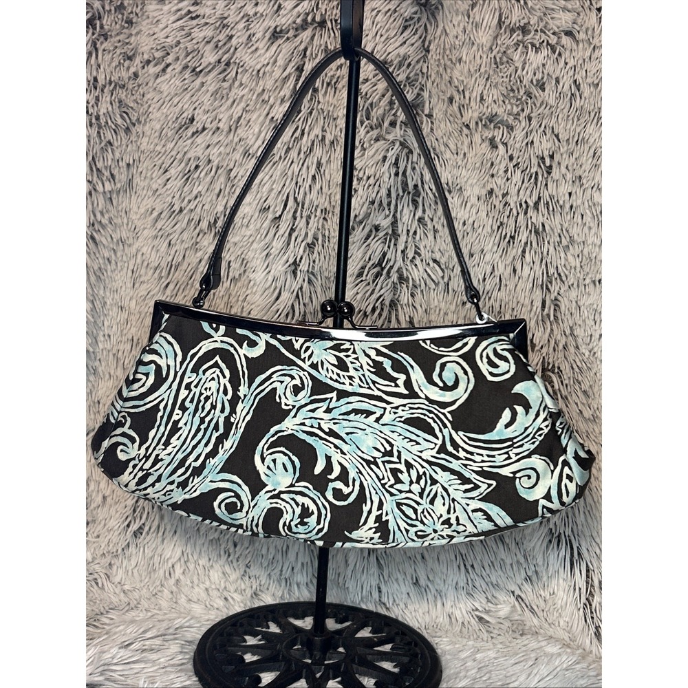 TALBOTS Kisslock Frame Shoulder Bag Brown Turquoise Paisley Print Silk Blend NWT